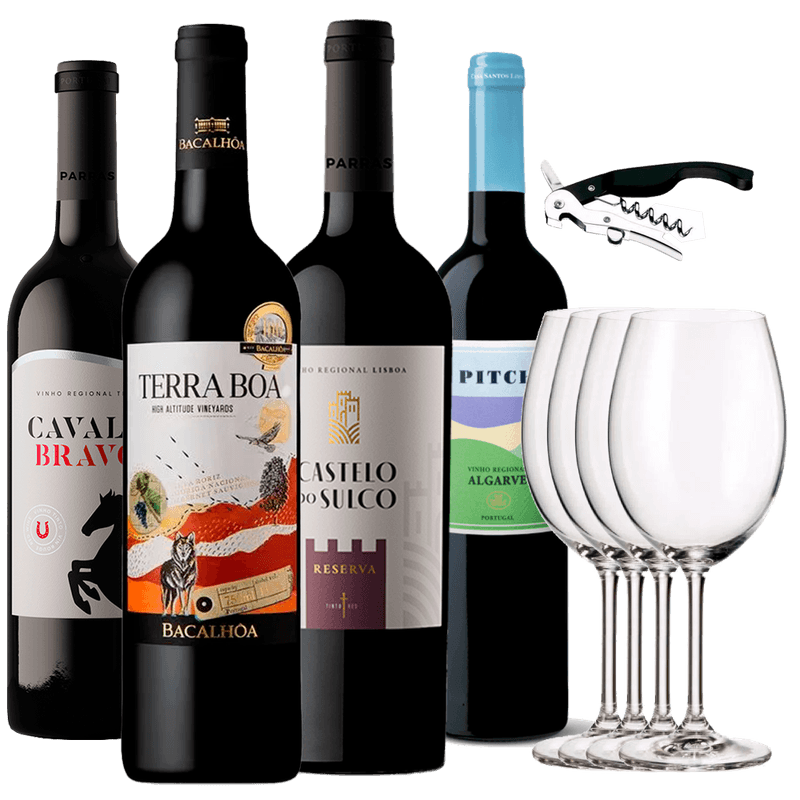 Kit-Presente---4-Vinhos-Portugueses---4-Tacas---Saca-rolhas