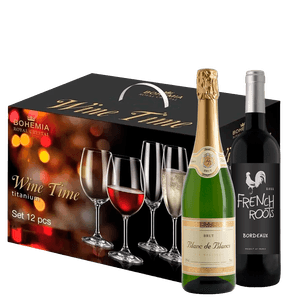 Kit 12 Taças de Cristal + Vinho e Espumante Francês