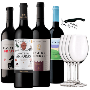 Kit 4 Vinhos Portugueses + 4 Taças e Saca-rolhas