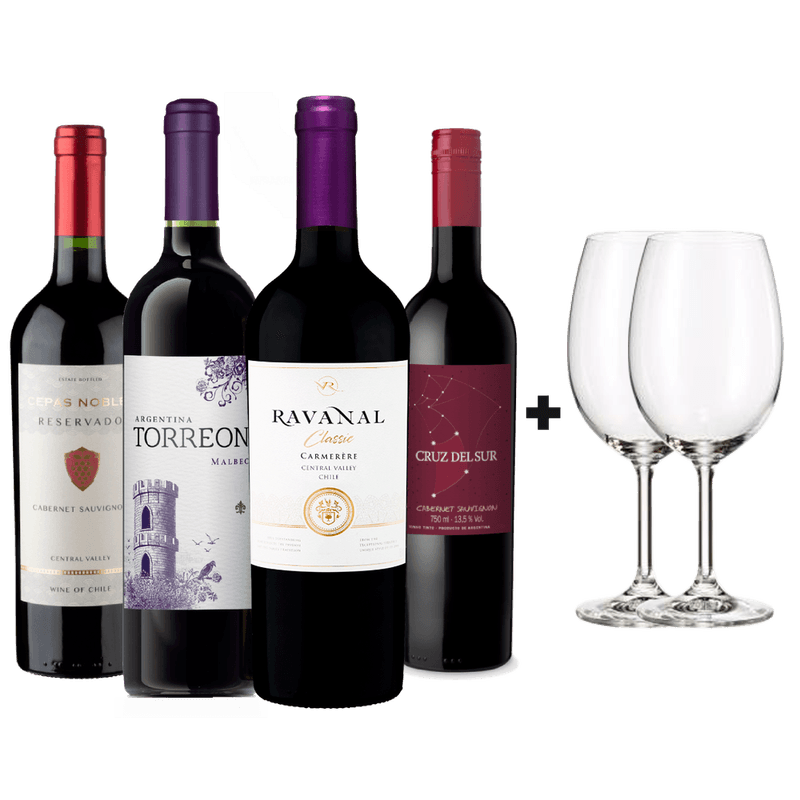 Kit 4 Vinhos Exclusivos + 2 Tacas Bohemia Cristal Gratis